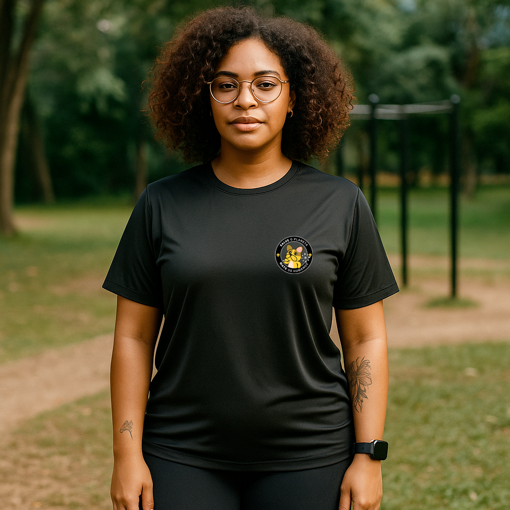 camiseta feminina dry fit salve o planeta mate os humanos