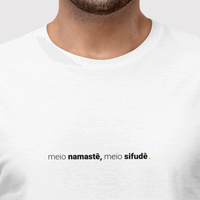 camiseta masculina meio namastê, meio sifudê